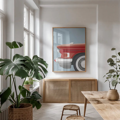 Amrican Vintage Car III by Omar Escalante. shown as a print in a natural wood frame in a dining room. Available as a archival giclee rolled canvas, fine art paper, or poster print. SKU 70264h.