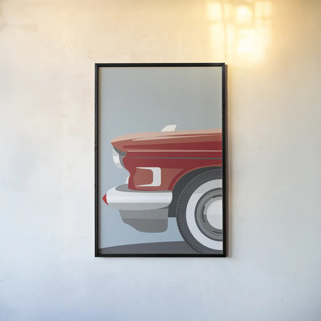 Amrican Vintage Car III by Omar Escalante. shown as a paper print in a black flame. Available as a archival giclee rolled canvas, fine art paper, or poster print. SKU 70264h.