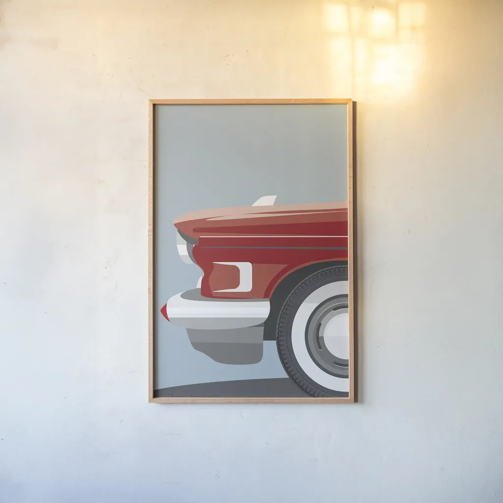Amrican Vintage Car III by Omar Escalante. shown as a paper print in a natural frame. Available as a archival giclee rolled canvas, fine art paper, or poster print. SKU 70264h.