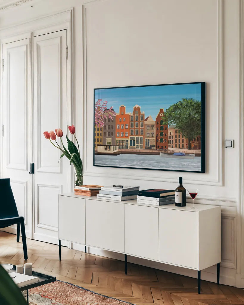 Amsterdam by Omar Escalante. shown as a framed stretched canvas in a living room above a console. Available as a archival giclee rolled canvas, fine art paper, or poster print. SKU 75979i.