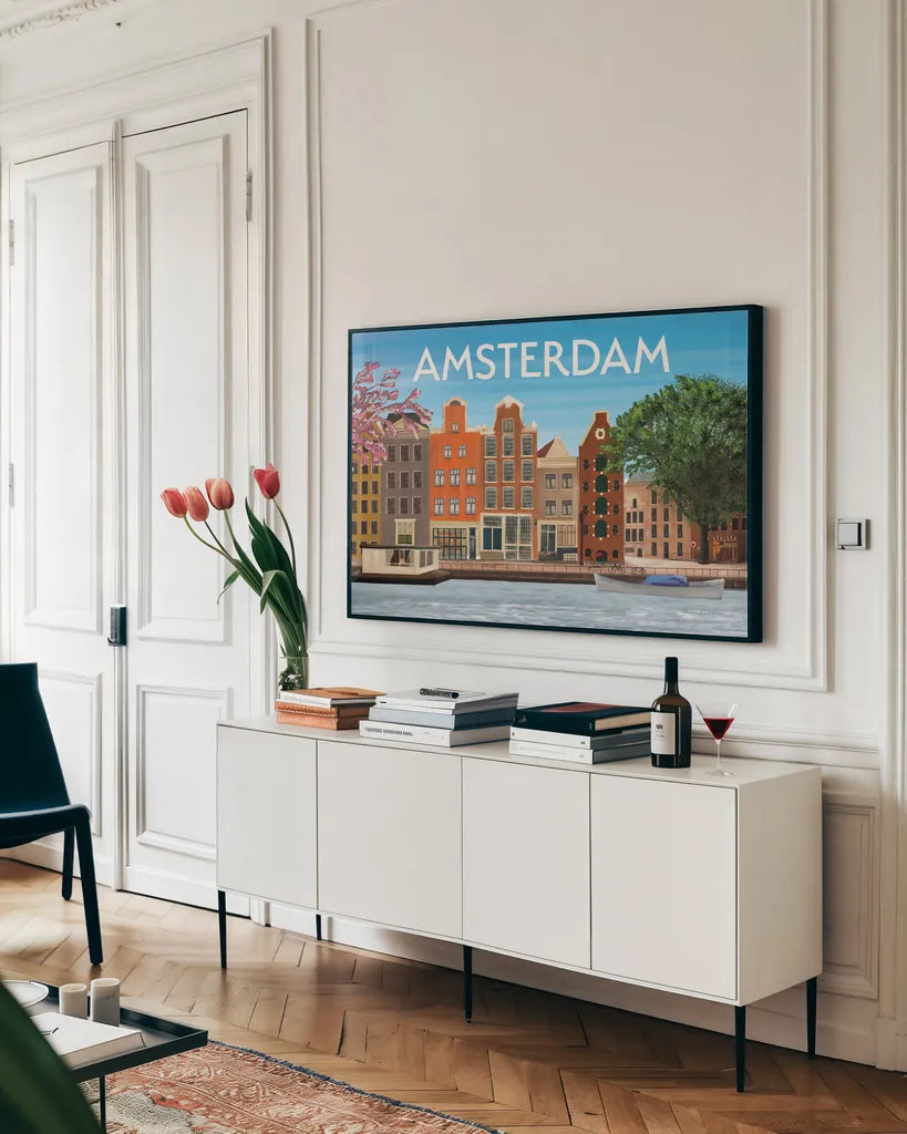 Amsterdam II by Omar Escalante. shown as a framed stretched canvas in a living room above a console. Available as a archival giclee rolled canvas, fine art paper, or poster print. SKU 75995i.