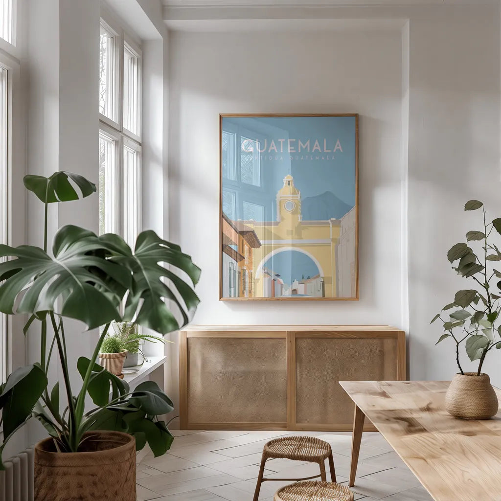 Antigua Guatemala by Omar Escalante. shown as a print in a natural wood frame in a dining room. Available as a archival giclee rolled canvas, fine art paper, or poster print. SKU 71457h.