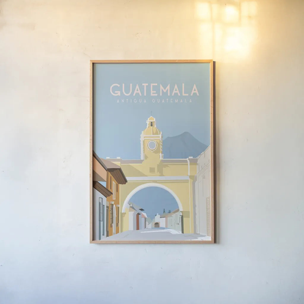 Antigua Guatemala by Omar Escalante. shown as a paper print in a natural frame. Available as a archival giclee rolled canvas, fine art paper, or poster print. SKU 71457h.