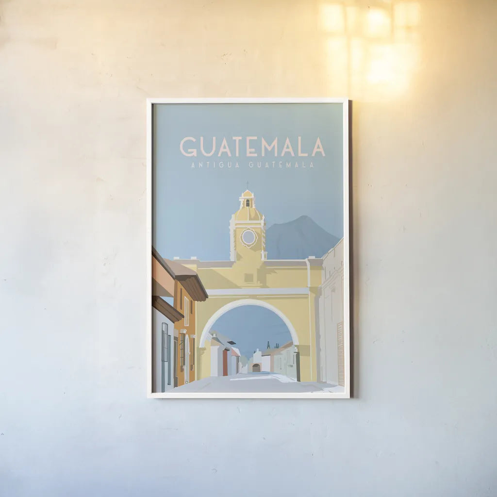 Antigua Guatemala by Omar Escalante. shown as a paper print in a white frame. Available as a archival giclee rolled canvas, fine art paper, or poster print. SKU 71457h.