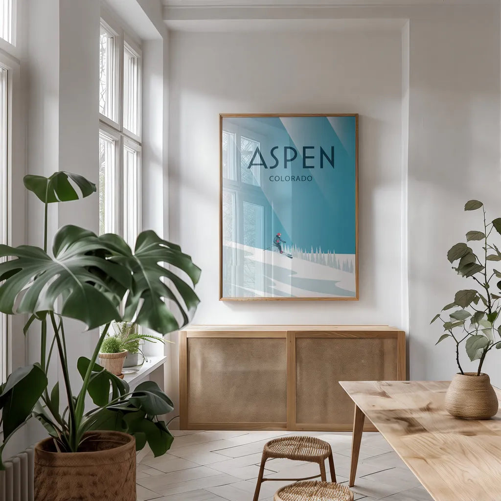 Aspen by Omar Escalante. shown as a print in a natural wood frame in a dining room. Available as a archival giclee rolled canvas, fine art paper, or poster print. SKU 64916h.
