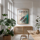 Bangkok Thailand by Omar Escalante. shown as a print in a natural wood frame in a dining room. Available as a archival giclee rolled canvas, fine art paper, or poster print. SKU 62763h.
