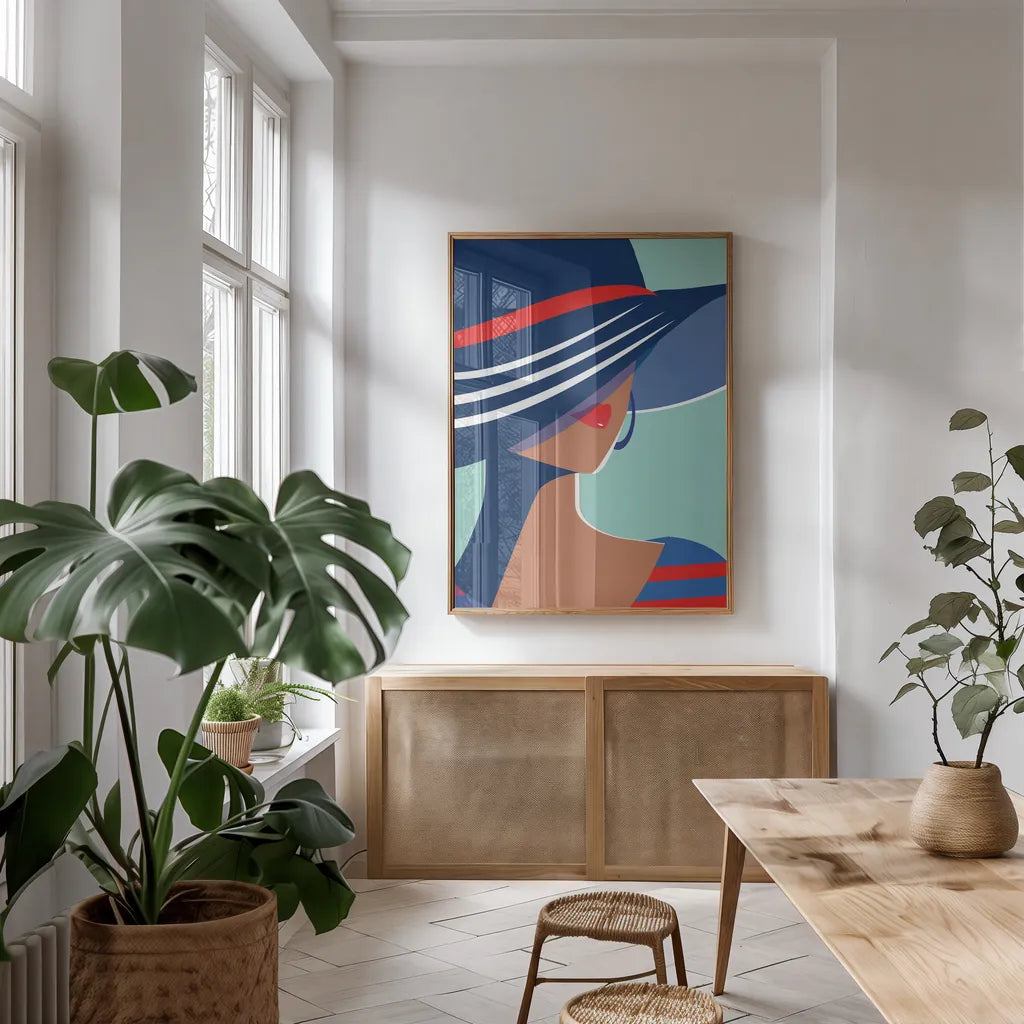 Beach Chic I by Omar Escalante. shown as a print in a natural wood frame in a dining room. Available as a archival giclee rolled canvas, fine art paper, or poster print. SKU 64637h.