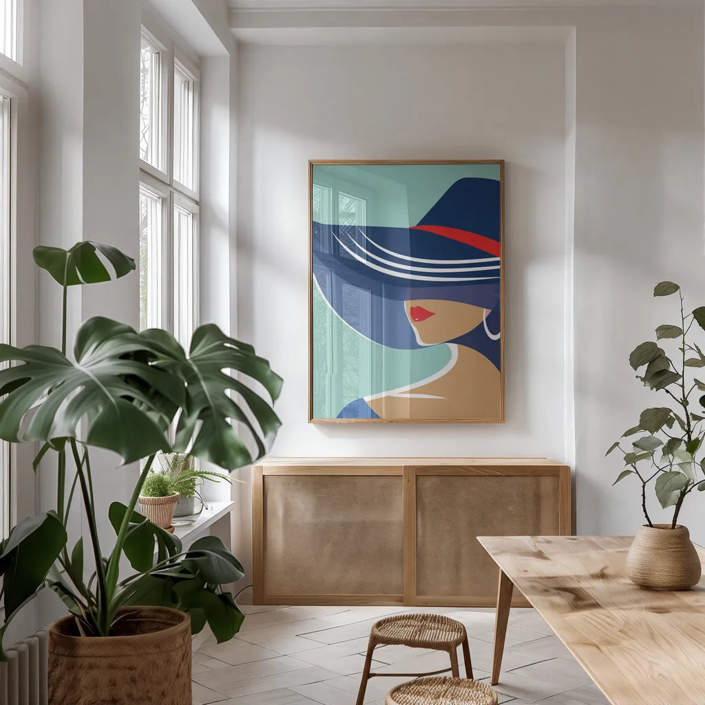 Beach Chic II by Omar Escalante. shown as a print in a natural wood frame in a dining room. Available as a archival giclee rolled canvas, fine art paper, or poster print. SKU 64638h.