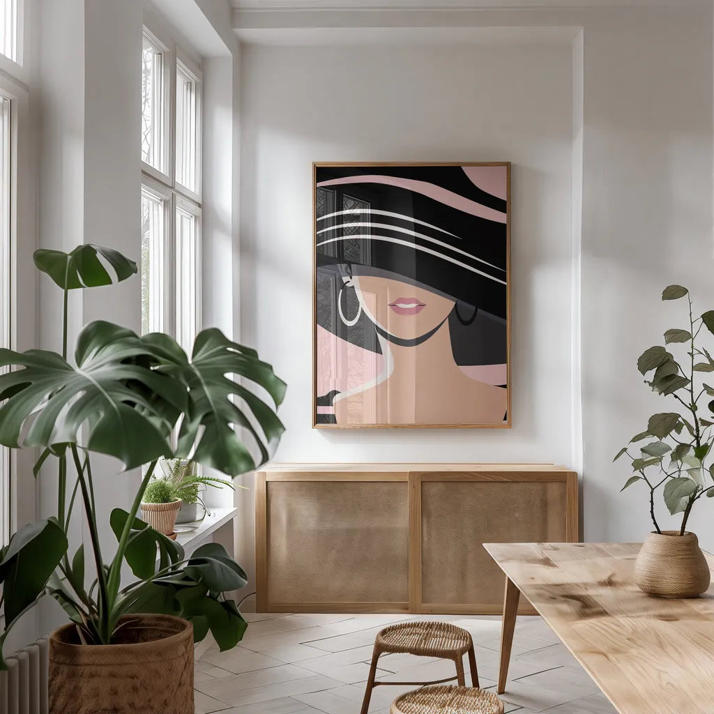 Beach Chic III Blush by Omar Escalante. shown as a print in a natural wood frame in a dining room. Available as a archival giclee rolled canvas, fine art paper, or poster print. SKU 67376h.