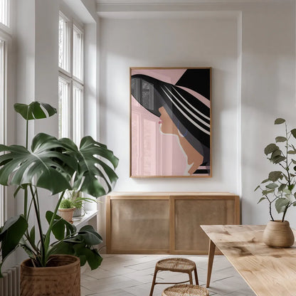 Beach Chic IV Blush by Omar Escalante. shown as a print in a natural wood frame in a dining room. Available as a archival giclee rolled canvas, fine art paper, or poster print. SKU 67377h.