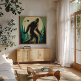 Bigfoot Lake Front Green by Omar Escalante. Shown in a natural wood frame in a cozy modern living room. Available as an archival giclee rolled canvas, fine art paper, or poster print. SKU 99935a.
