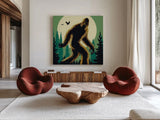 Bigfoot Lake Front Green by Omar Escalante. Shown as extra-large giant wall art in a modern living room. Available as an archival giclee rolled canvas, fine art paper, or poster print. SKU 99935a.