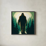 Bigfoot Movie Style Square by Omar Escalante. Shown in a sleek black glass frame for a contemporary gallery look. Available as an archival giclee rolled canvas, fine art paper, or poster print. SKU 99934a.