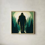 Bigfoot Movie Style Square by Omar Escalante. Shown in a natural wood glass frame for a timeless modern aesthetic. Available as an archival giclee rolled canvas, fine art paper, or poster print. SKU 99934a.