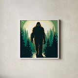 Bigfoot Movie Style Square by Omar Escalante. Shown in a crisp white glass frame for a clean and minimalist style. Available as an archival giclee rolled canvas, fine art paper, or poster print. SKU 99934a.