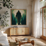Bigfoot Movie Style Square by Omar Escalante. Shown in a natural wood frame in a cozy modern living room. Available as an archival giclee rolled canvas, fine art paper, or poster print. SKU 99934a.