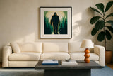 Bigfoot Movie Style Square by Omar Escalante. Displayed in a glass frame with matte in a clean modern living room. Available as an archival giclee rolled canvas, fine art paper, or poster print. SKU 99934a.