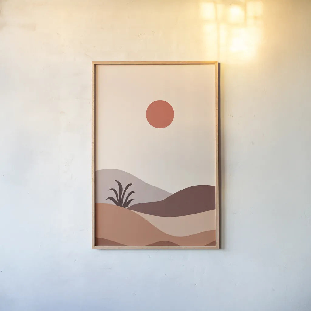 Boho Desert I by Omar Escalante. shown as a paper print in a natural frame. Available as a archival giclee rolled canvas, fine art paper, or poster print. SKU 90456h.
