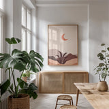 Boho Desert II by Omar Escalante. shown as a print in a natural wood frame in a dining room. Available as a archival giclee rolled canvas, fine art paper, or poster print. SKU 90457h.