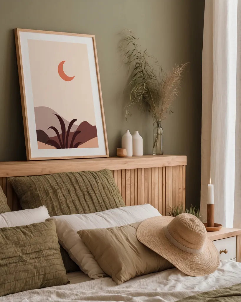 Boho Desert II by Omar Escalante. shown as a paper print in a natural frame. Available as a archival giclee rolled canvas, fine art paper, or poster print. SKU 90457h.