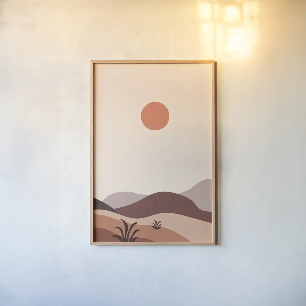 Boho Desert III by Omar Escalante. shown as a paper print in a natural frame. Available as a archival giclee rolled canvas, fine art paper, or poster print. SKU 90458h.