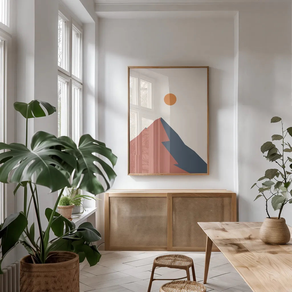 Boho Landscape III by Omar Escalante. shown as a print in a natural wood frame in a dining room. Available as a archival giclee rolled canvas, fine art paper, or poster print. SKU 90702h.