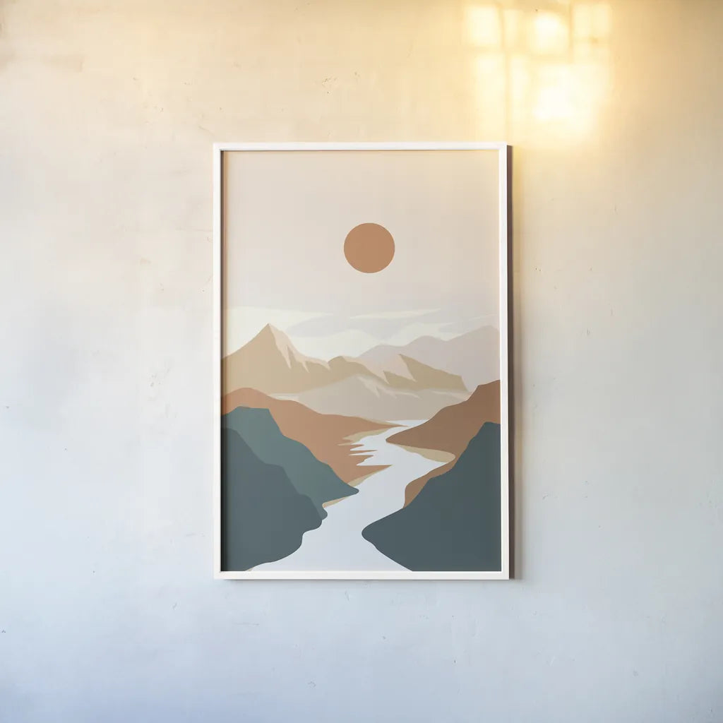 Boho Valley I by Omar Escalante. shown as a paper print in a white frame. Available as a archival giclee rolled canvas, fine art paper, or poster print. SKU 90453h.