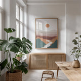 Boho Valley II by Omar Escalante. shown as a print in a natural wood frame in a dining room. Available as a archival giclee rolled canvas, fine art paper, or poster print. SKU 90454h.