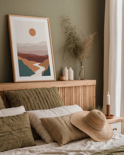 Boho Valley II by Omar Escalante. shown as a paper print in a natural frame. Available as a archival giclee rolled canvas, fine art paper, or poster print. SKU 90454h.