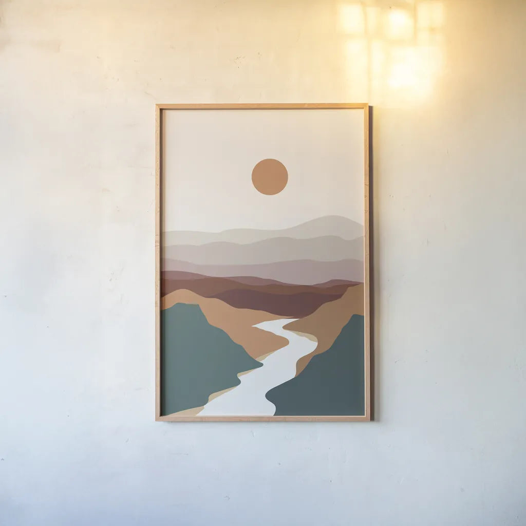 Boho Valley II by Omar Escalante. shown as a paper print in a natural frame. Available as a archival giclee rolled canvas, fine art paper, or poster print. SKU 90454h.