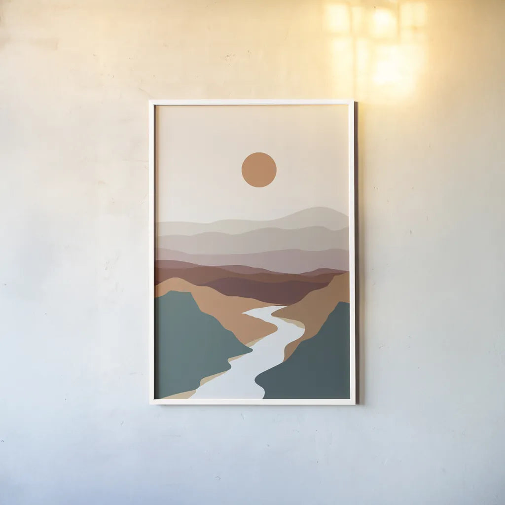 Boho Valley II by Omar Escalante. shown as a paper print in a white frame. Available as a archival giclee rolled canvas, fine art paper, or poster print. SKU 90454h.