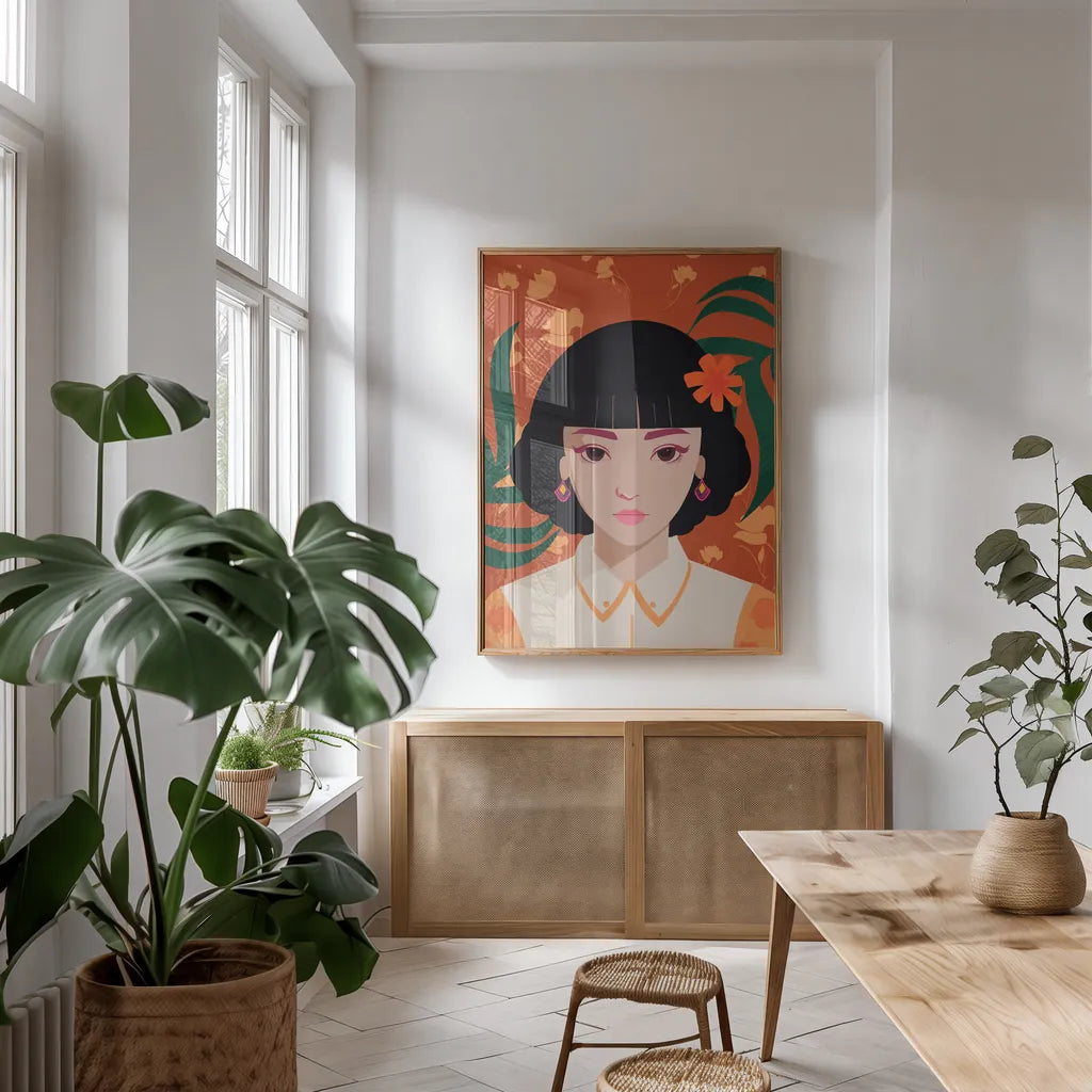 Boho Woman I by Omar Escalante. shown as a print in a natural wood frame in a dining room. Available as a archival giclee rolled canvas, fine art paper, or poster print. SKU 84263h.