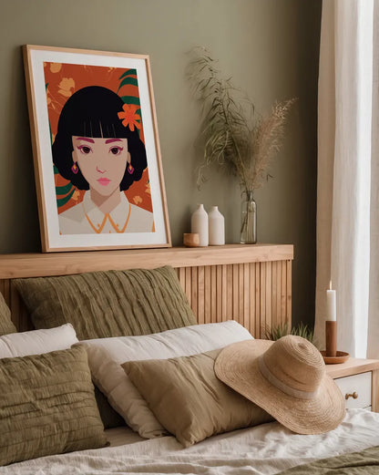 Boho Woman I by Omar Escalante. shown as a paper print in a natural frame. Available as a archival giclee rolled canvas, fine art paper, or poster print. SKU 84263h.