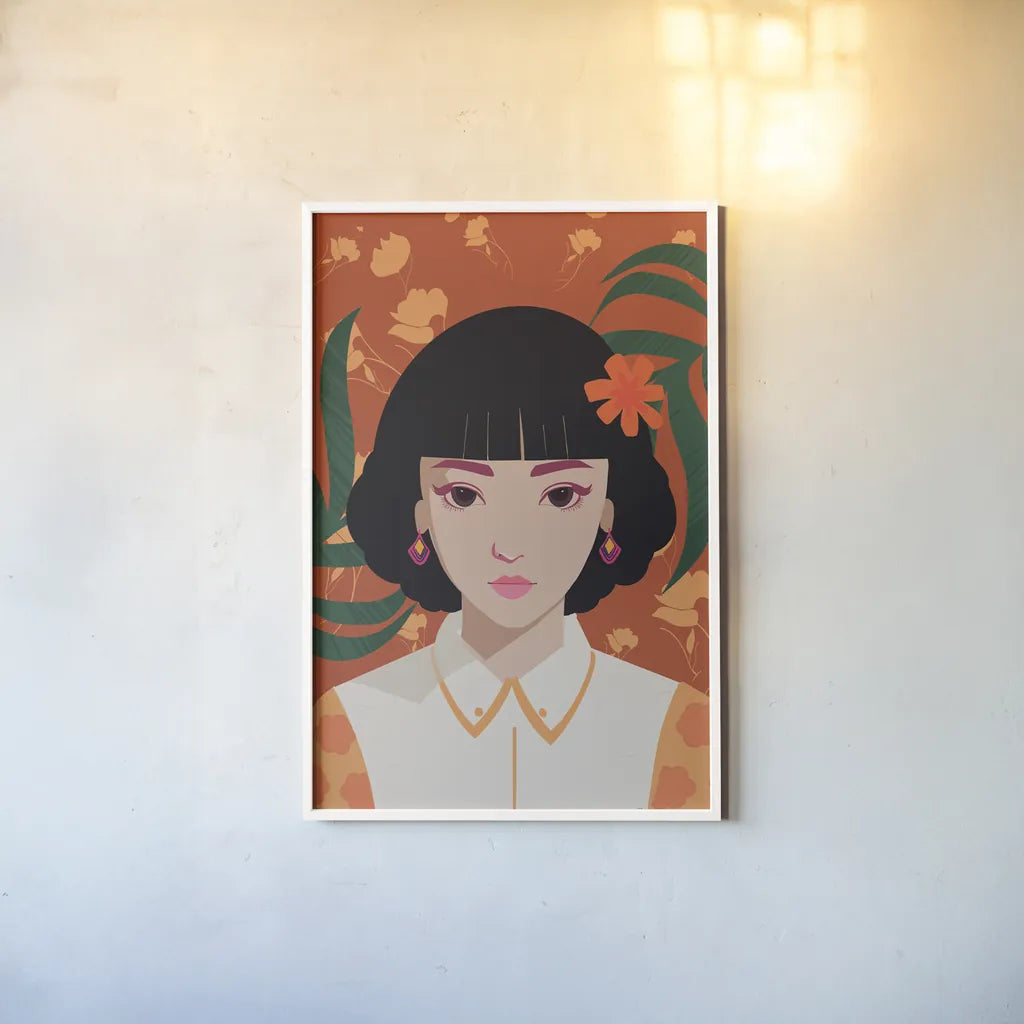 Boho Woman I by Omar Escalante. shown as a paper print in a white frame. Available as a archival giclee rolled canvas, fine art paper, or poster print. SKU 84263h.