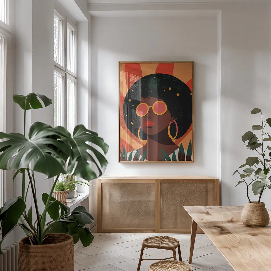 Boho Woman II by Omar Escalante. shown as a print in a natural wood frame in a dining room. Available as a archival giclee rolled canvas, fine art paper, or poster print. SKU 84264h.