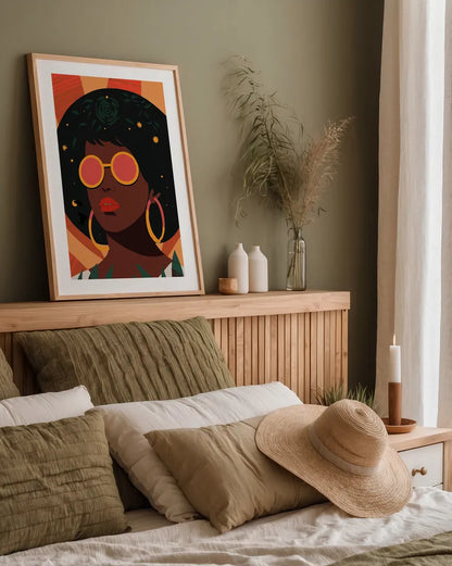 Boho Woman II by Omar Escalante. shown as a paper print in a natural frame. Available as a archival giclee rolled canvas, fine art paper, or poster print. SKU 84264h.