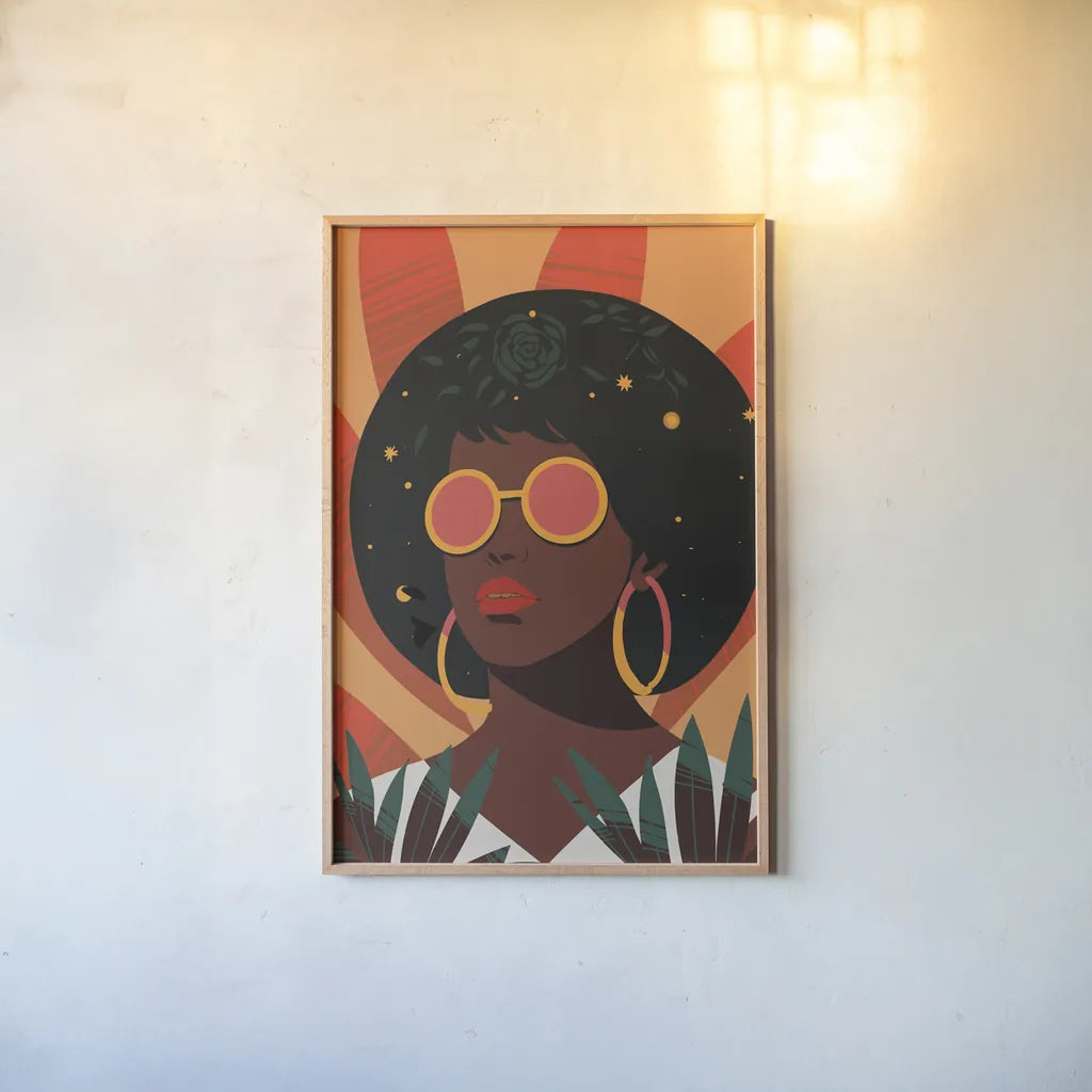 Boho Woman II by Omar Escalante. shown as a paper print in a natural frame. Available as a archival giclee rolled canvas, fine art paper, or poster print. SKU 84264h.