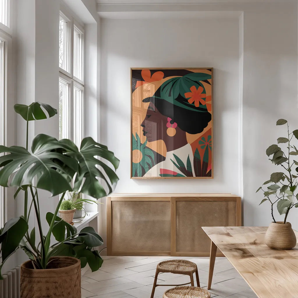 Boho Woman III by Omar Escalante. shown as a print in a natural wood frame in a dining room. Available as a archival giclee rolled canvas, fine art paper, or poster print. SKU 84265h.