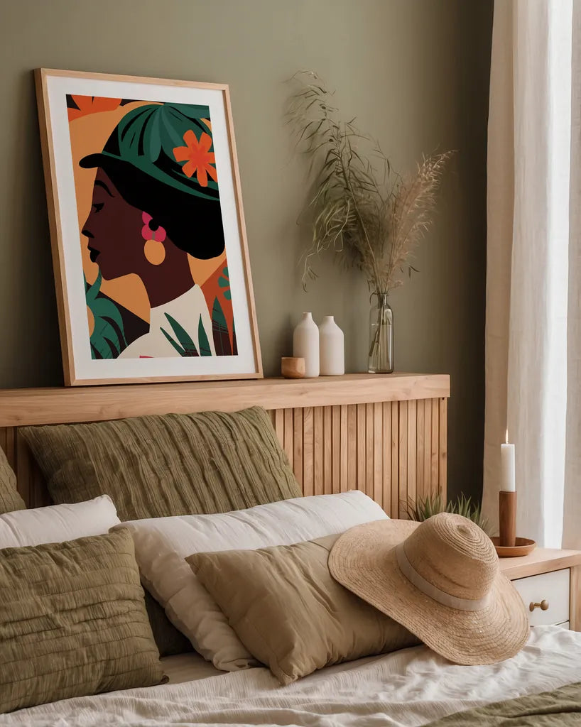 Boho Woman III by Omar Escalante. shown as a paper print in a natural frame. Available as a archival giclee rolled canvas, fine art paper, or poster print. SKU 84265h.