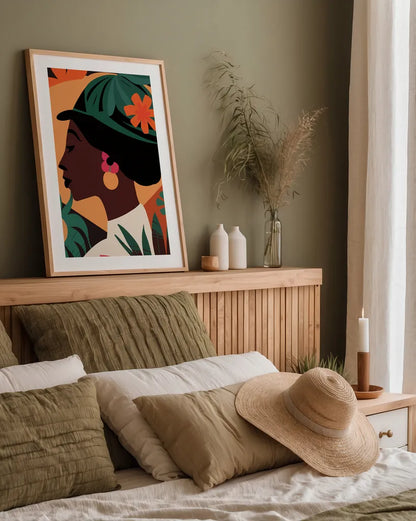 Boho Woman III by Omar Escalante. shown as a paper print in a natural frame. Available as a archival giclee rolled canvas, fine art paper, or poster print. SKU 84265h.