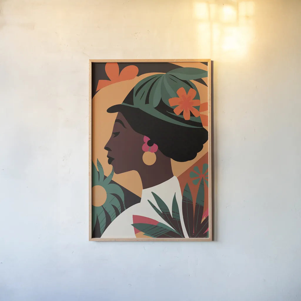 Boho Woman III by Omar Escalante. shown as a paper print in a natural frame. Available as a archival giclee rolled canvas, fine art paper, or poster print. SKU 84265h.