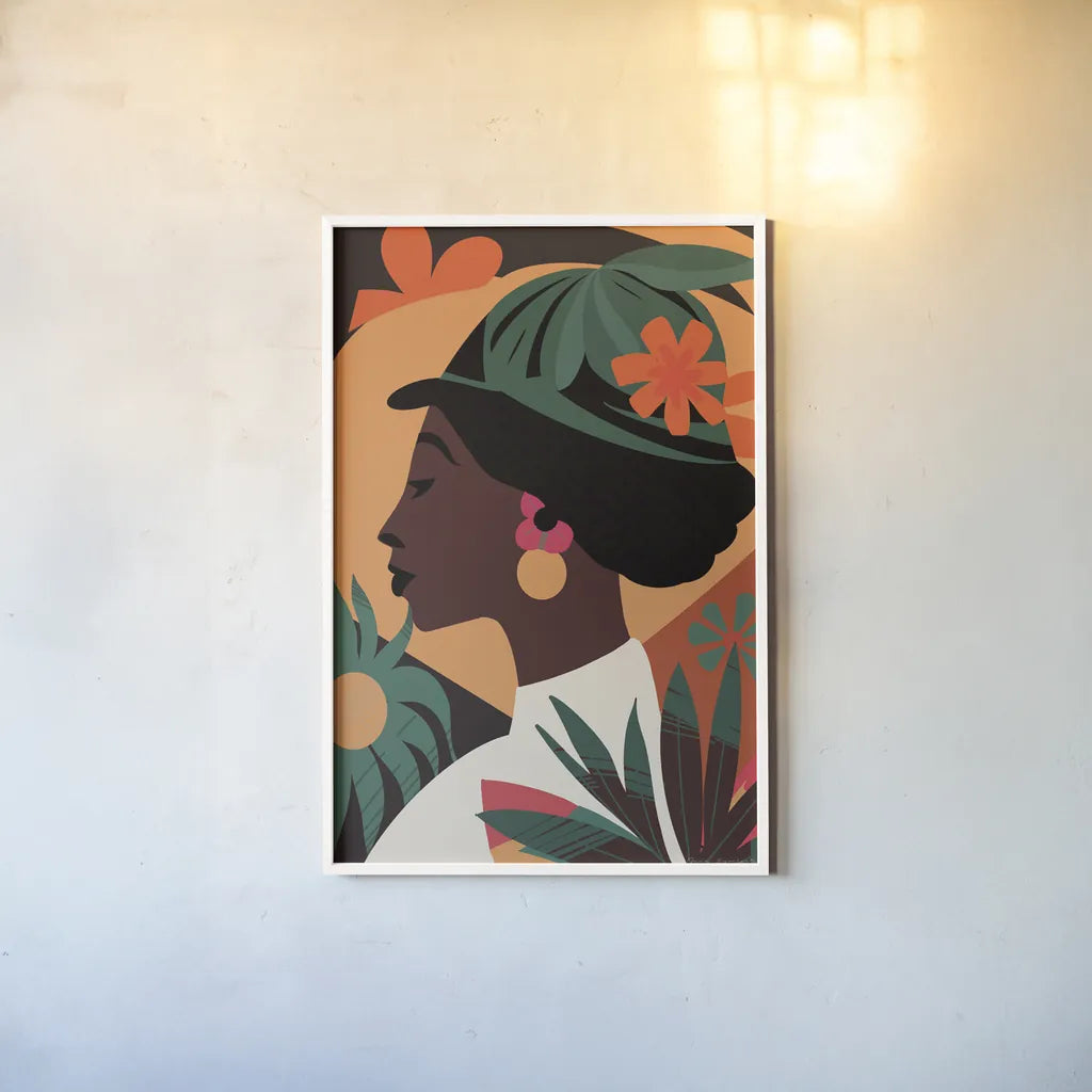 Boho Woman III by Omar Escalante. shown as a paper print in a white frame. Available as a archival giclee rolled canvas, fine art paper, or poster print. SKU 84265h.