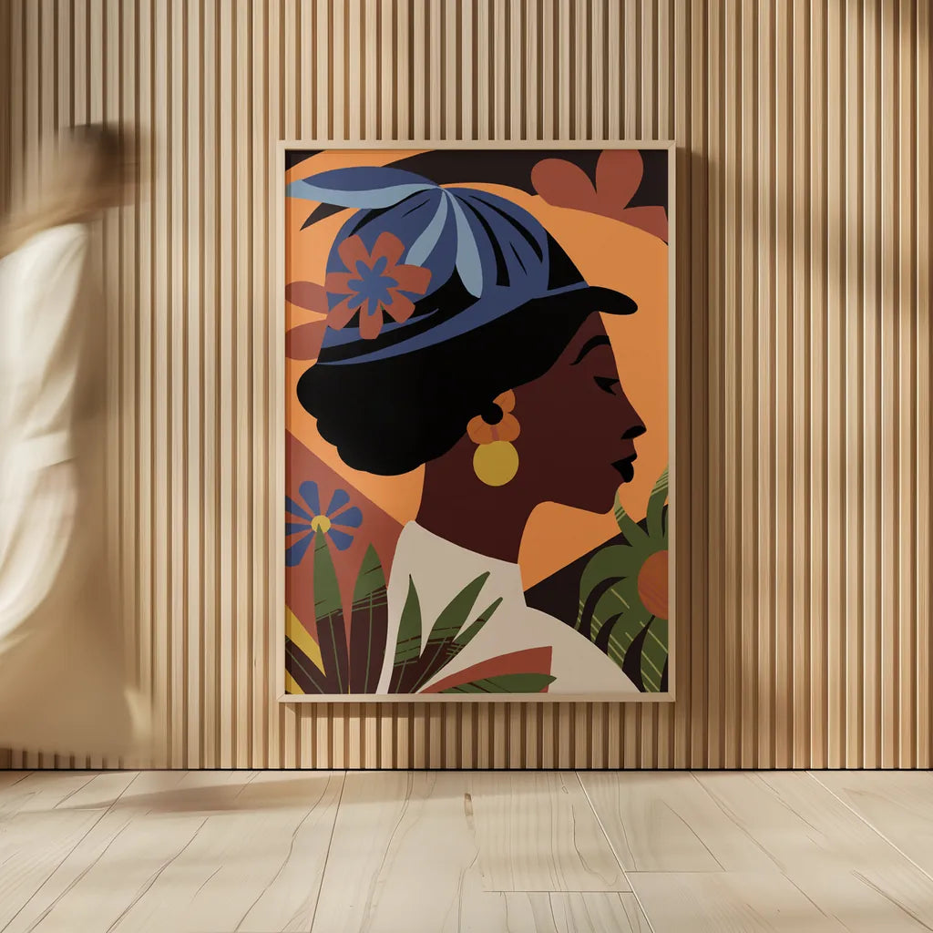 Boho Woman III Flipped Blue by Omar Escalante. shown as over sized large wall art. Available as an archival giclee rolled canvas, fine art paper, or poster print. SKU 85658h.