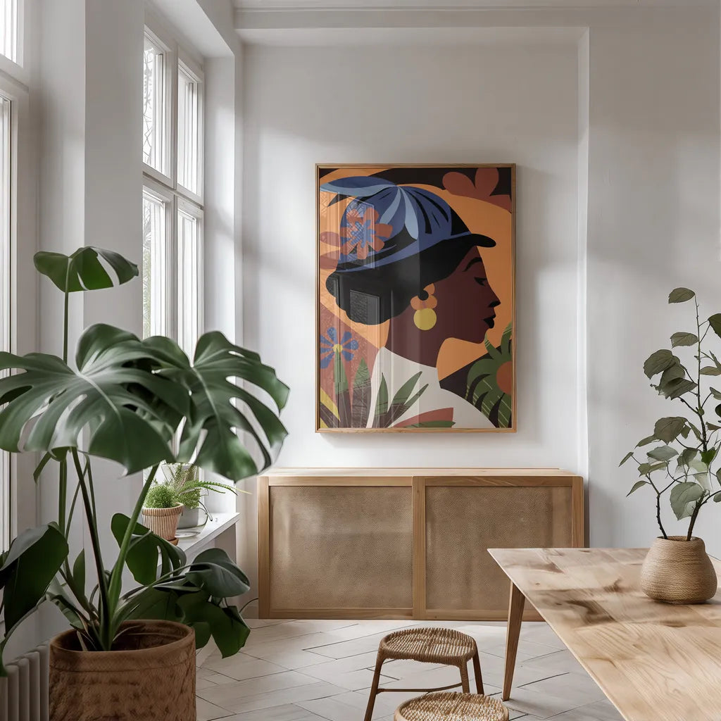 Boho Woman III Flipped Blue by Omar Escalante. shown as a print in a natural wood frame in a dining room. Available as a archival giclee rolled canvas, fine art paper, or poster print. SKU 85658h.