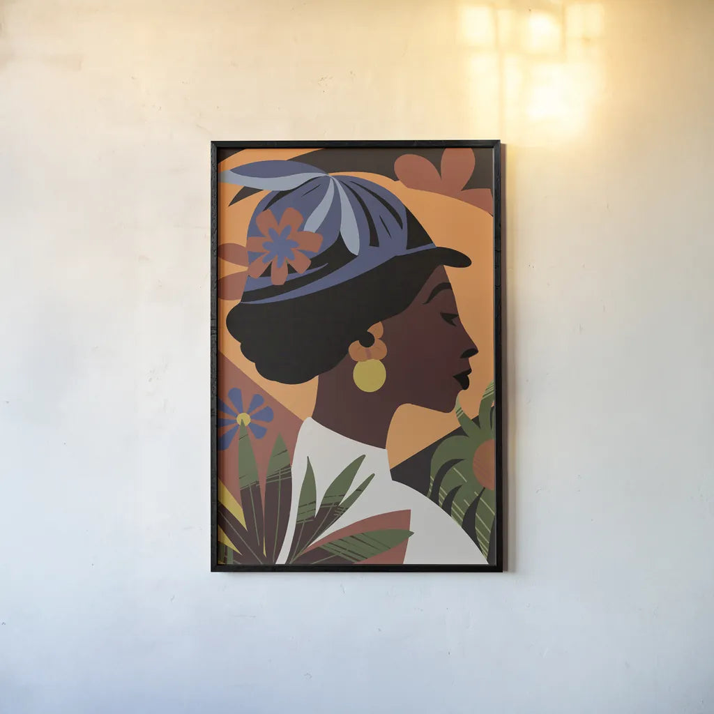 Boho Woman III Flipped Blue by Omar Escalante. shown as a paper print in a black flame. Available as a archival giclee rolled canvas, fine art paper, or poster print. SKU 85658h.