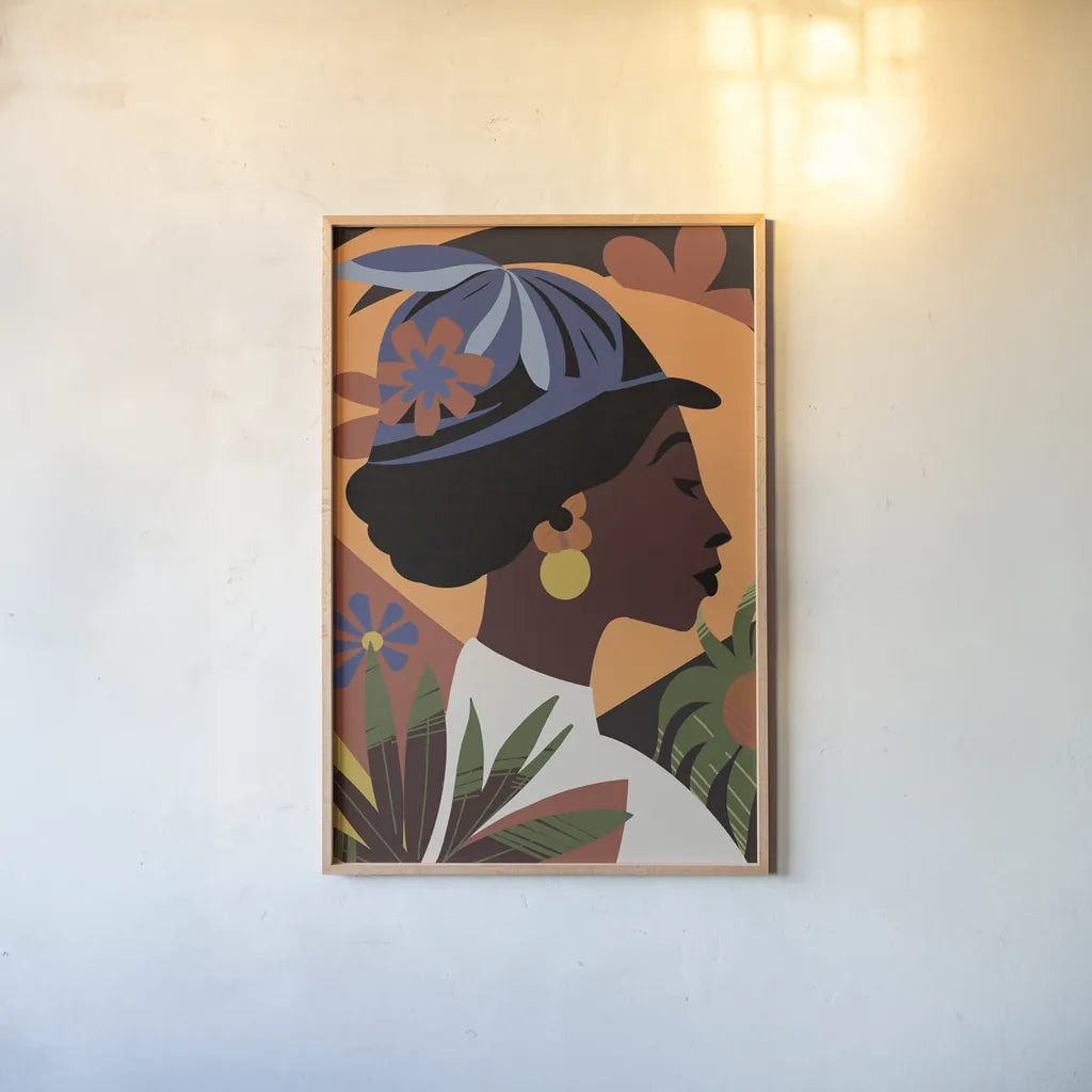 Boho Woman III Flipped Blue by Omar Escalante. shown as a paper print in a natural frame. Available as a archival giclee rolled canvas, fine art paper, or poster print. SKU 85658h.
