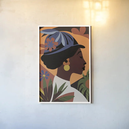 Boho Woman III Flipped Blue by Omar Escalante. shown as a paper print in a white frame. Available as a archival giclee rolled canvas, fine art paper, or poster print. SKU 85658h.