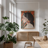 Boho Woman IV by Omar Escalante. shown as a print in a natural wood frame in a dining room. Available as a archival giclee rolled canvas, fine art paper, or poster print. SKU 84266h.