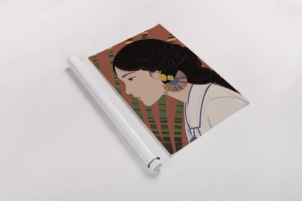 Boho Woman IV Blue by Omar Escalante. shown as a rolled paper print. Available as archival giclee rolled canvas, fine art paper, or poster print. SKU 85659h.