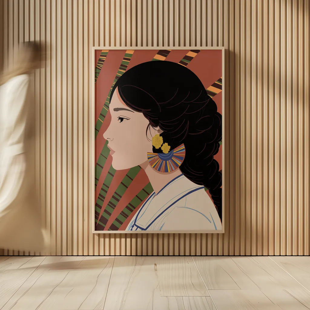 Boho Woman IV Blue by Omar Escalante. shown as over sized large wall art. Available as an archival giclee rolled canvas, fine art paper, or poster print. SKU 85659h.